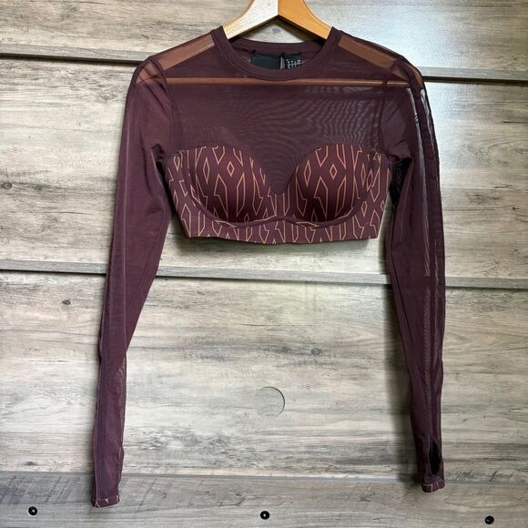 Adidas Ivy Park Monogram Brown Athletic Crop Top Mesh Long Sleeves Women's S - Picture 7 of 13